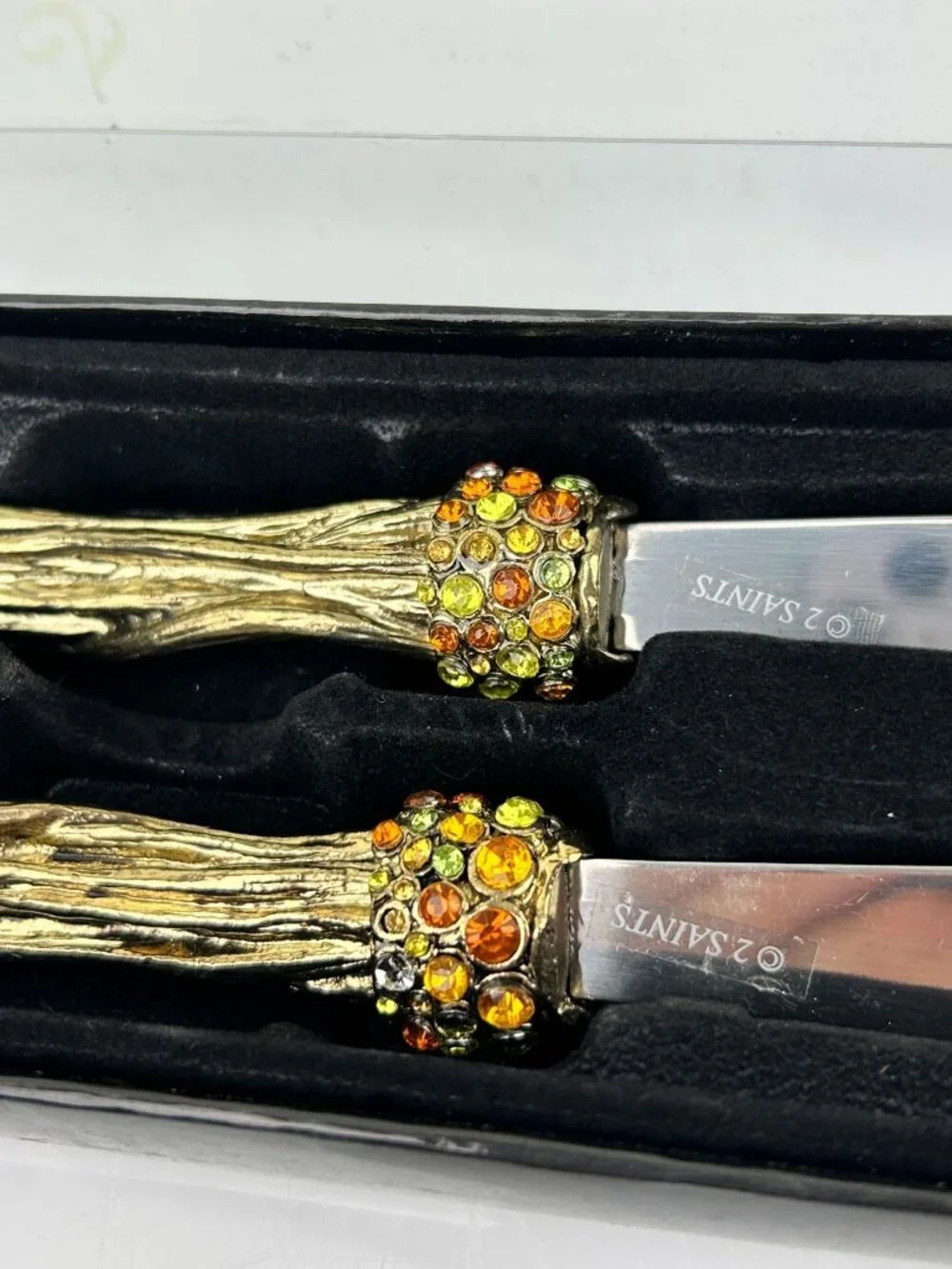 2 Saints Butter Cheese Spreader Knife Set Rhinestone Wood Bark Fall Metal READ
